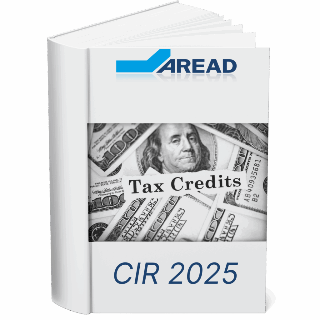 Un livre ouvert portant le logo d'AREAD. En son centre, une image de couverture représentant le Crédit d'Impôt Recherche, en lien avec l'article sur l'éligibilité au Crédit d'Impôt Recherche en 2025.