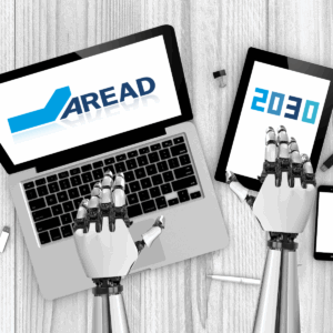Des appareils générés numériquement sur une table en bois. un ordinateur portable, une tablette et un smartphone blanc avec des mains de robot. le logo d'Aread apparaît sur l'écran de l'ordinateur portable et sur l'écran de la tablette il y a le plan 2030.