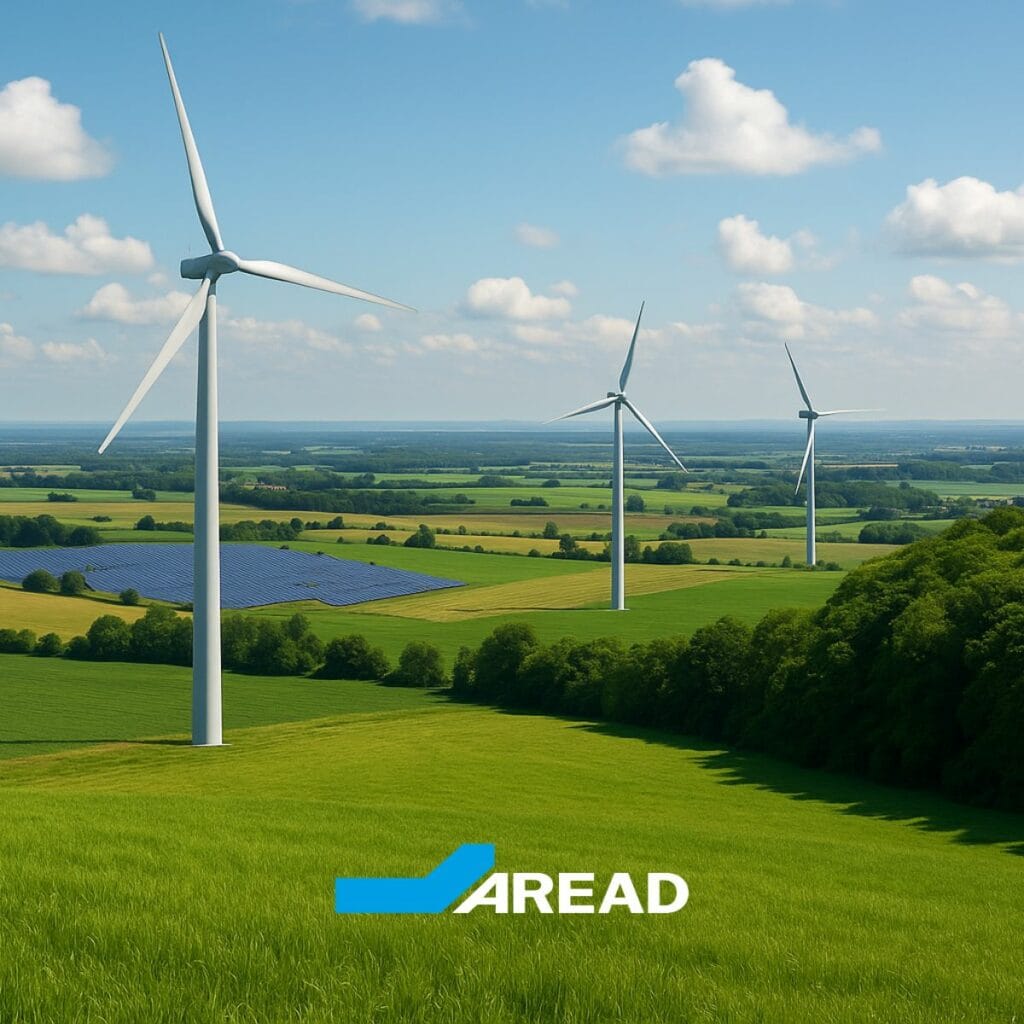 Vue panoramique de champs verdoyants avec des éoliennes et des panneaux solaires, représentant les projets soutenus par le Programme LIFE pour la transition écologique.