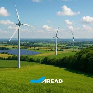 Vue panoramique de champs verdoyants avec des éoliennes et des panneaux solaires, représentant les projets soutenus par le Programme LIFE pour la transition écologique.