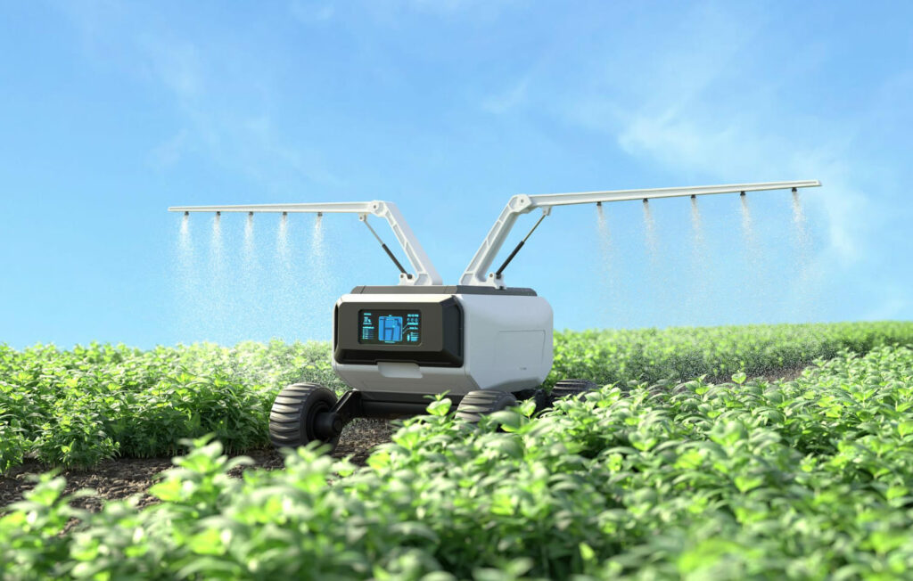 Un robot autonome équipé d’intelligence artificielle travaillant dans un champ, illustrant la robotique agricole et l’IA pour une agriculture durable. Plan d’investissement France 2030 pour les start-ups industrielles et la deep tech – 2,3 milliards d’euros de financement