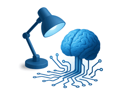 Illustration AREAD représentant la recherche et le développement, avec une lampe éclairant un cerveau digital relié à des circuits innovants.