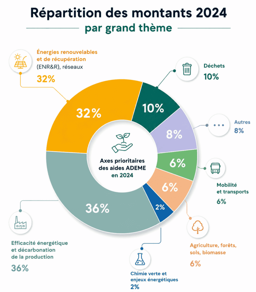 Graphique circulaire présentant la répartition des montants des aides de l'ADEME en 2024 par grand thème, avec une priorité donnée à l'efficacité énergétique et à la décarbonation de la production.