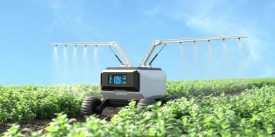 Un robot autonome équipé d’intelligence artificielle travaillant dans un champ, illustrant la robotique agricole et l’IA pour une agriculture durable. Plan d’investissement France 2030 pour les start-ups industrielles et la deep tech – 2,3 milliards d’euros de financement