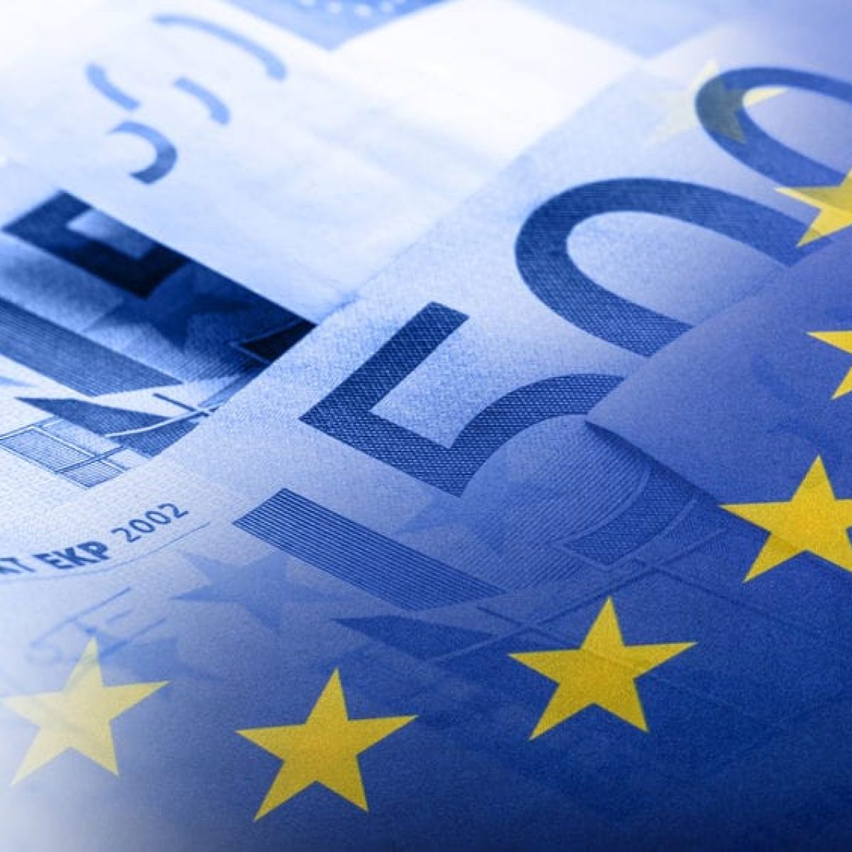 Euro flag. Euro money. Euro currency. Colorful waving european union flag on a euro money background.